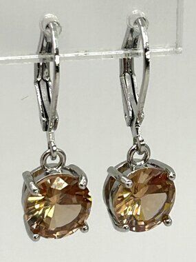 925 Sterling Silver Champagne CZ Leverback Drop Earrings Round Solitaire Dangle